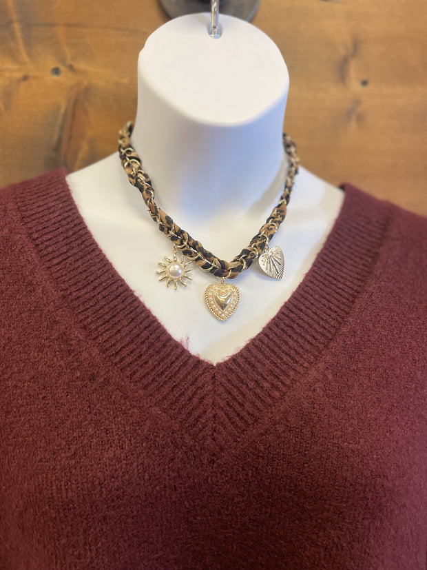 Pearl, Heart, & Sun Charm Leopard Braided Scarf Necklace