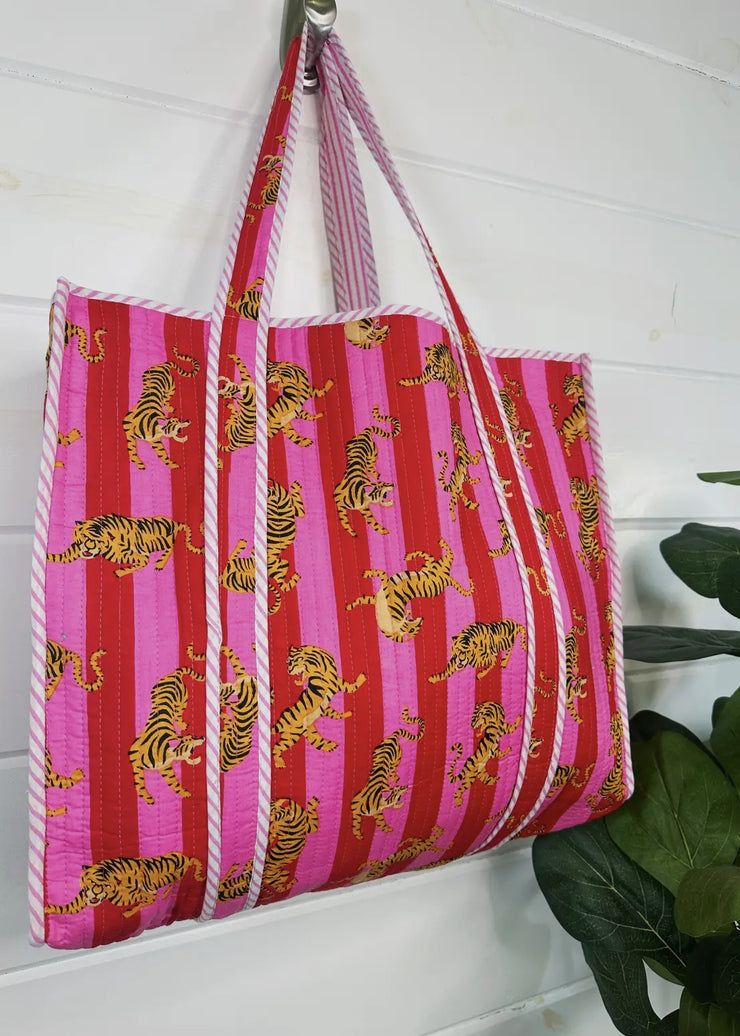 Quilted Oversized Tote Bag/Pink & Red Tiger