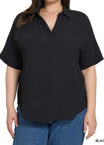 Plus Collared Vneck Short Sleeve Top