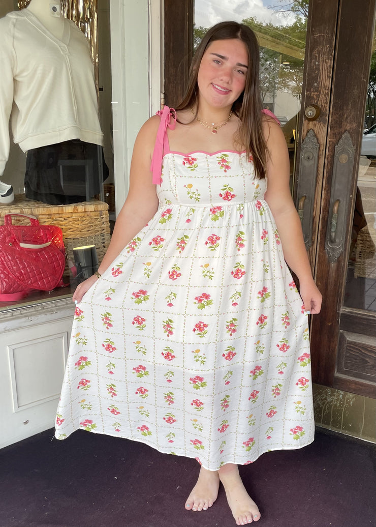 Floral Tile Pattern Tie Strap Midi Dress/Plus Pink / 1XL