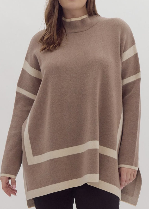 Two Toned Long Sleeve MockNeck Knit Sweater