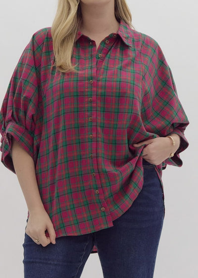 Oversized Plaid Half Sleeve ButtonDown