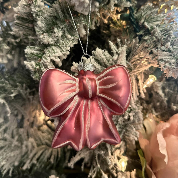 Hand Blown Glass Pink Bow Ornament