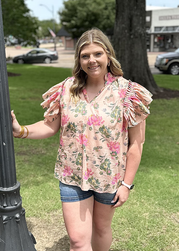 Peach Flower Print Flutter Top