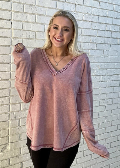 Washed Knit Oversized Vneck Top