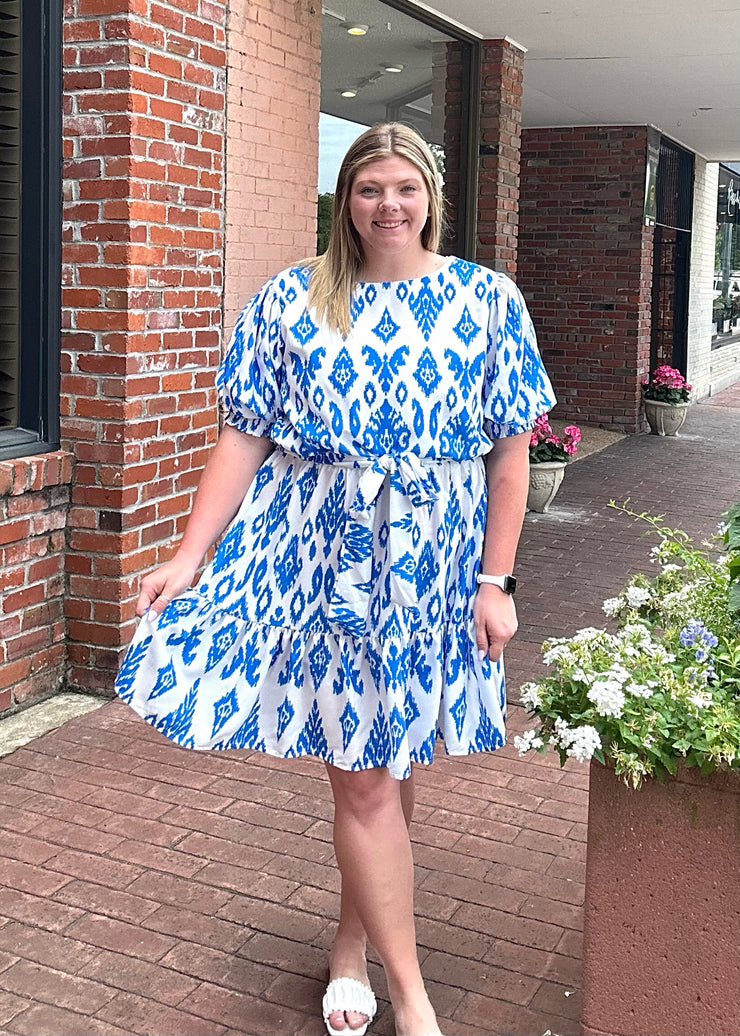 ** Final Sale**Ivory & Blue Print Ruffle Hem Dress