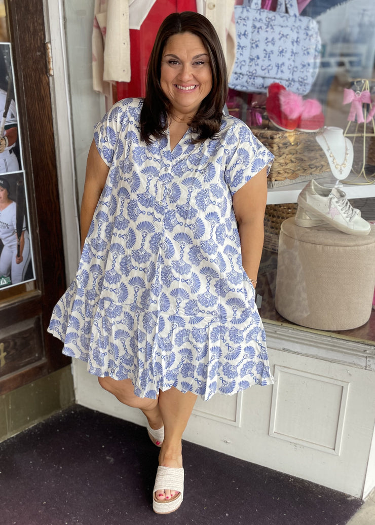 Printed Cap Sleeve Flounce Skirt Dress