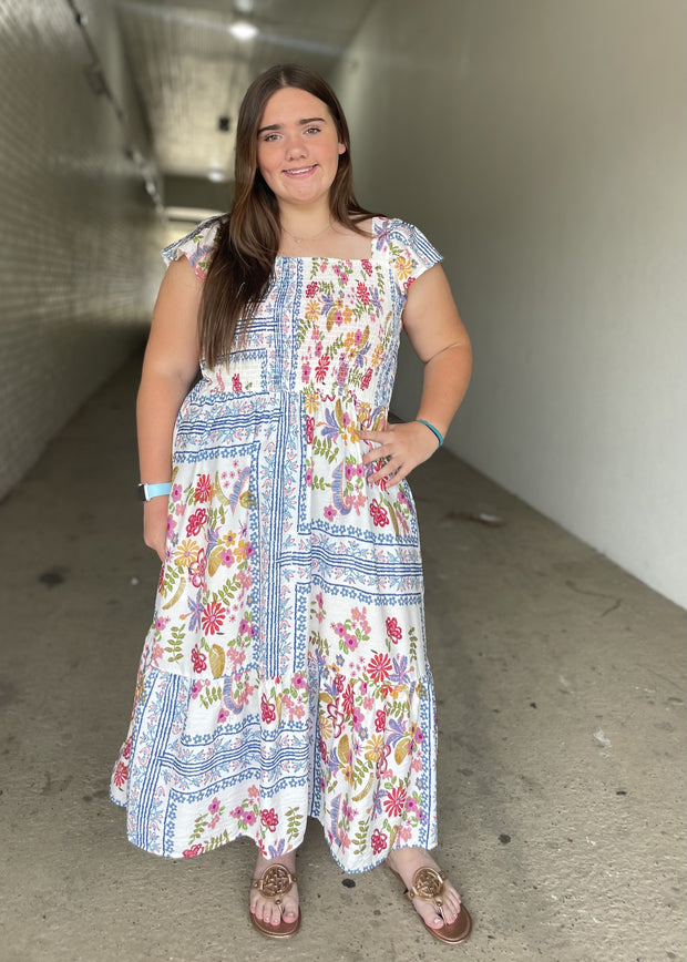 Plus Patchwork Smocked Midi Dress