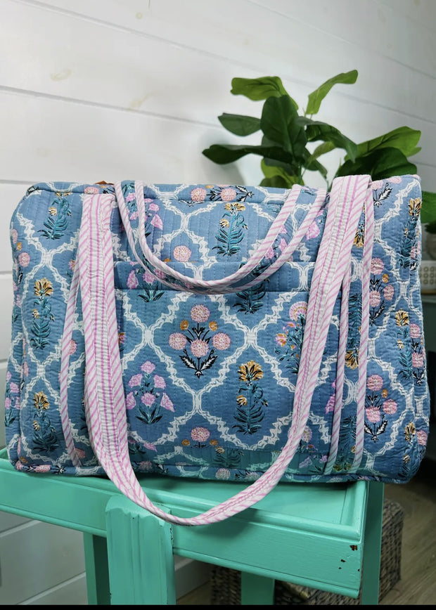 Quilted Weekender Overnight Bag/Blue Wildflowers