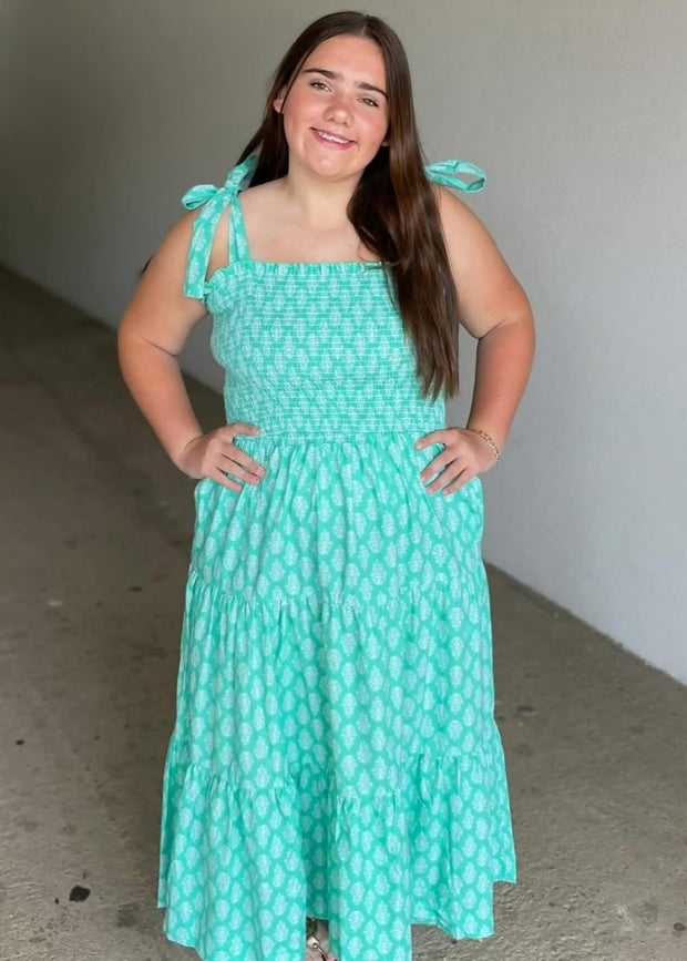 Block Print Smocked Tie Top & Maxi Skirt Set