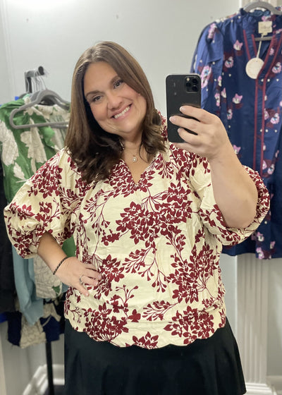 Cherry Blossom Scallop Blouse/Plus