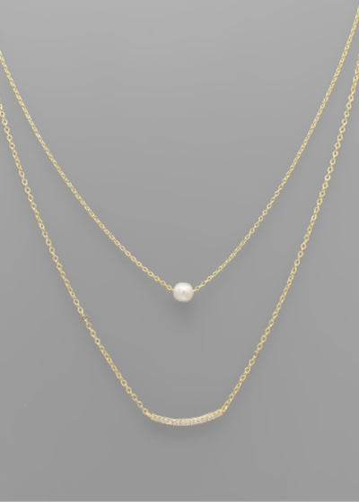 CZ Curved Bar & Pearl Necklace