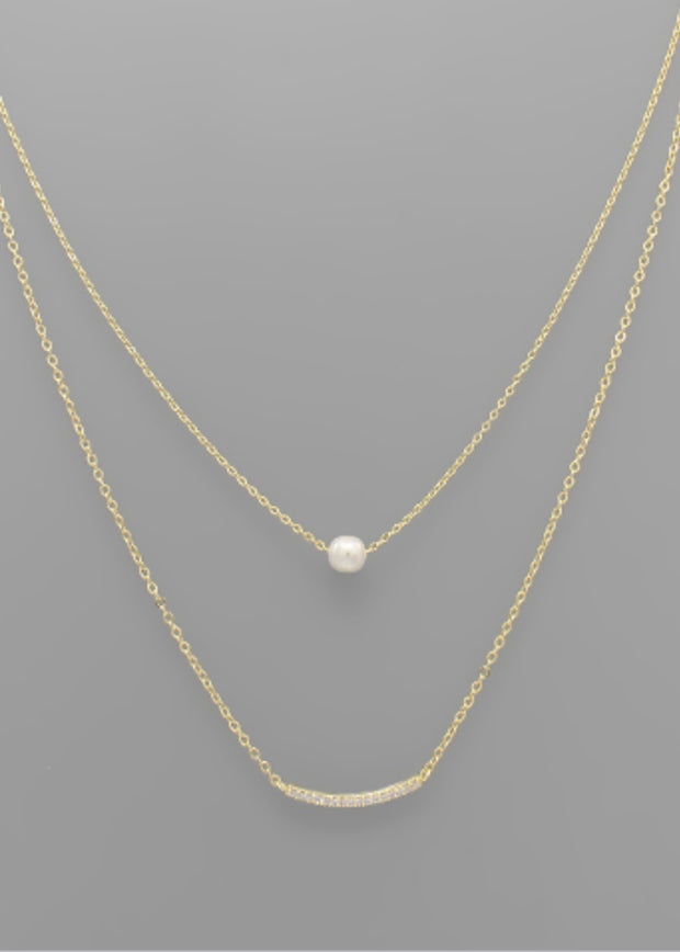 CZ Curved Bar & Pearl Necklace
